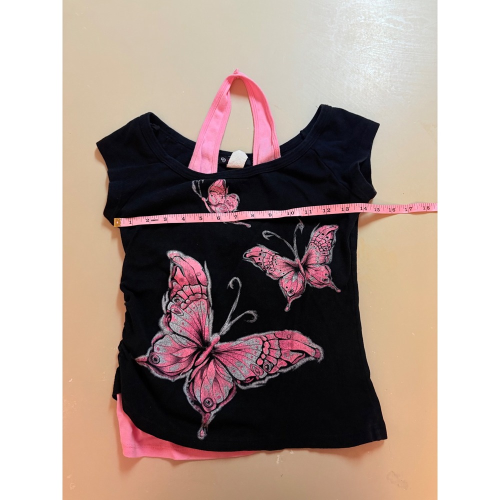 Y2K 5-7-9 Vintage Butterfly Graphic Layered Halter Top Black Pink Glitter M - Picture 4 of 5